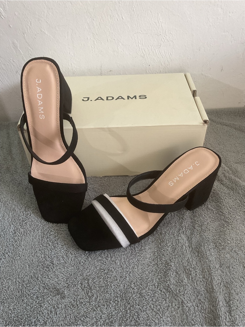 J. Adams Black Double-Strap Block Heel Sandals with White Accent - Picture 2 of 4